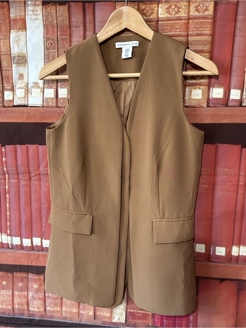 Sincerely Jules XS Camel Longline Sleeveless Blazer Vest Tailored Open Front